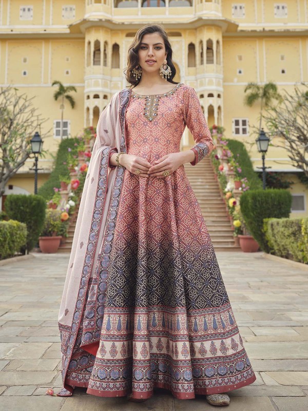 Peach Pink Killer Silk Readymade Gown With Dupatta