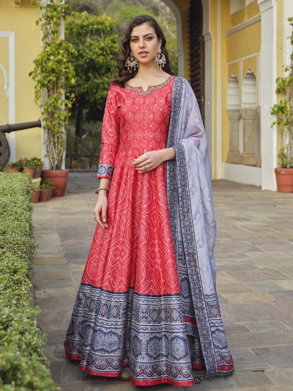 Totato Red Killer Silk Readymade Gown With Dupatta