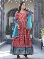 Red Georgette Silk Readymade Gown With Dupatta