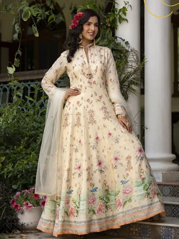 Cream Pure Dola Jacquard Readymade Gown