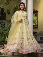 Light Yellow Pure Dola Jacquard Readymade Gown