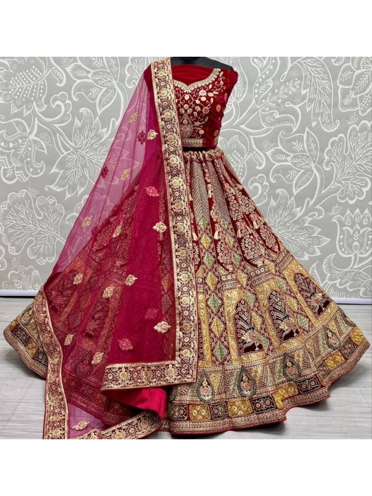 WEDDING RANI PINK BRIDAL LEHENGA WITH CROP TOP AND EMBELLISHMENT -