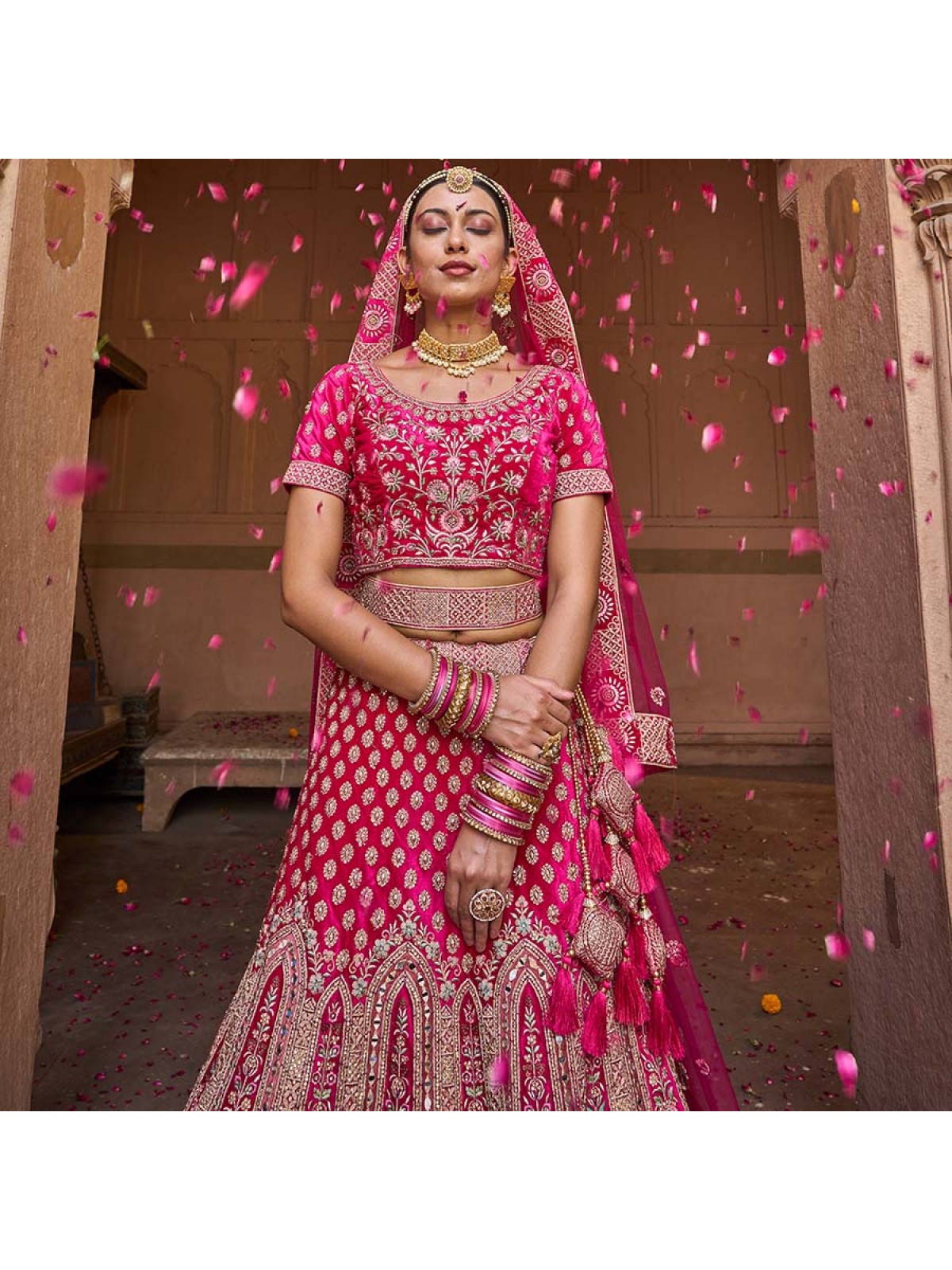 Bridal, Wedding Pink and Majenta color Crepe Silk fabric Lehenga : 1747179