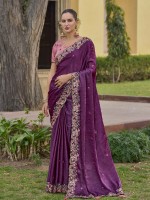 Dark Plum Tissue Organza Silk Festive Saree