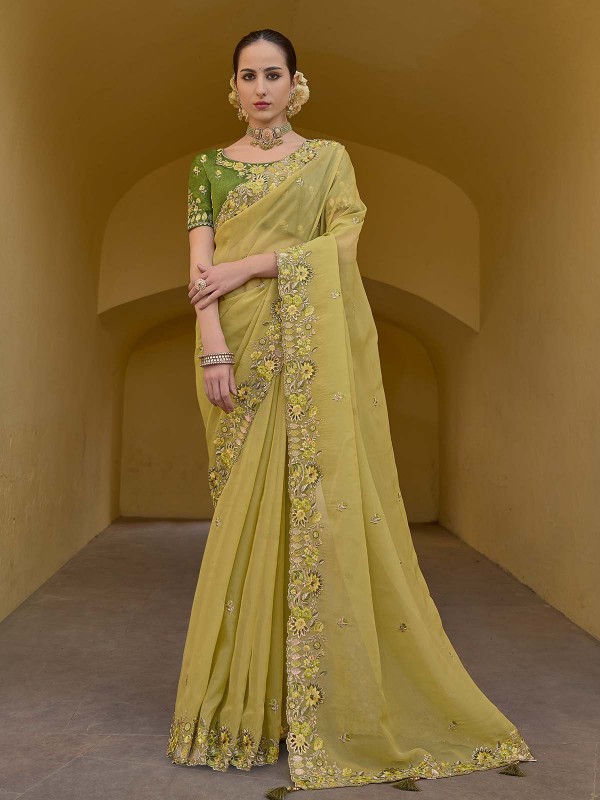 Yellow Tissue Organza Silk Festive Saree