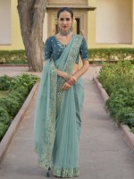 Pearl Aqua Tissue Organza Silk Festive Saree