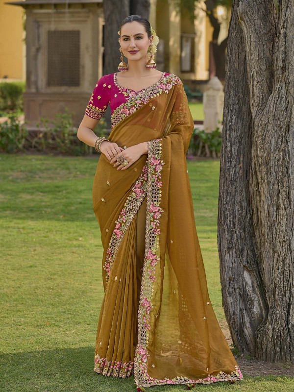 Dark Mustard Tissue Organza Silk Festive Saree