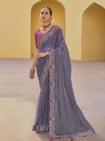 Slate Gray Tissue Organza Silk Festive Saree