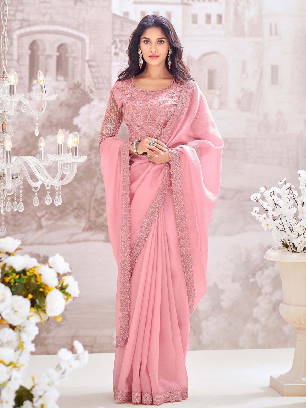 Pink Chiffon Crush Saree