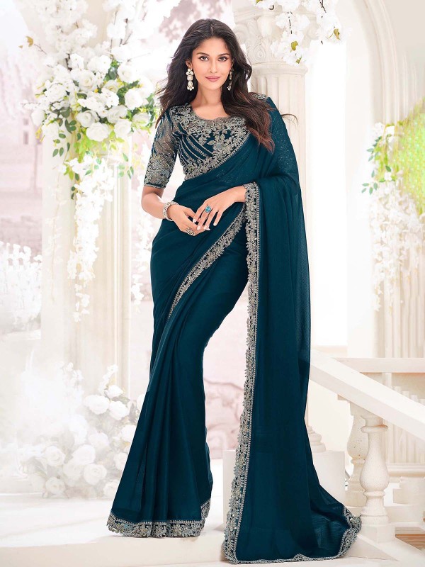 Peacock Blue Georgette Shimmer Saree