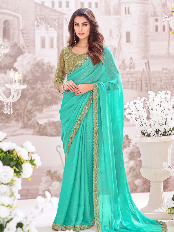 Aqua Blue Georgette Shimmer Saree