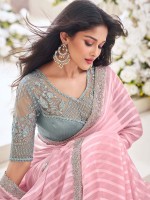 Pink Georgette Satin Stripe Saree