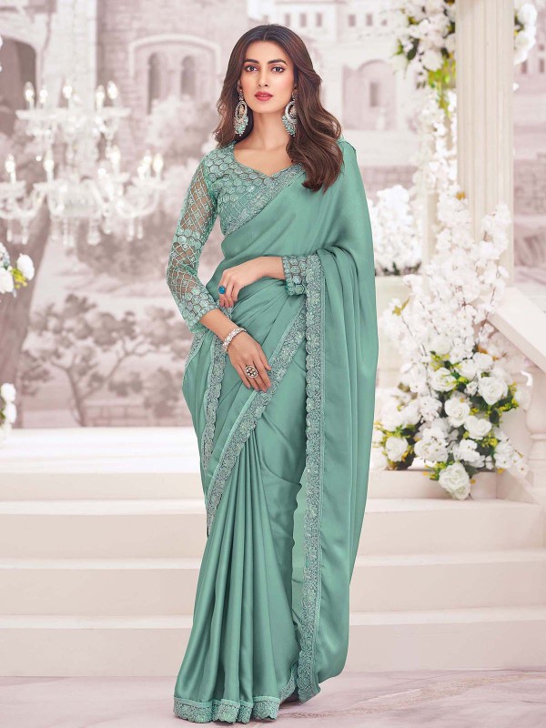 Sage Blue Pure Satin Saree