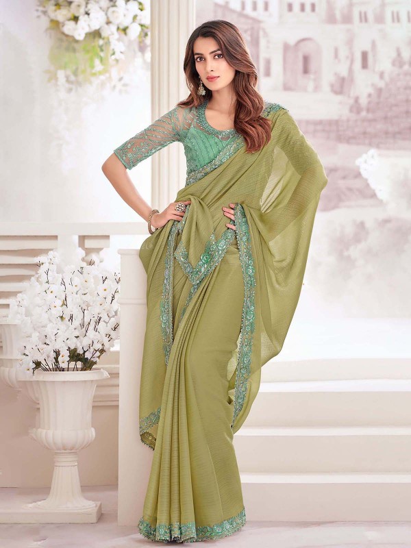 Light Olive Green Georgette Shimmer Saree