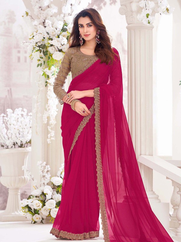 Deep Pink Pure Chiffon Saree