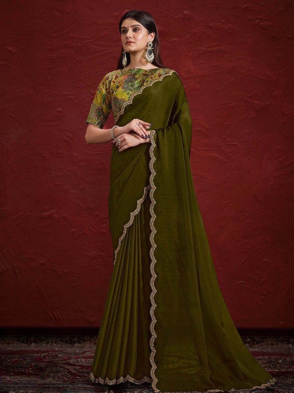 Green Crepe Georgette Silk Saree With Stitched Blouse