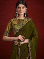 Green Crepe Georgette Silk Saree With Stitched Blouse