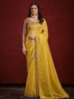 Yellow Crush Paper Silk Saree With Stitched Blouse