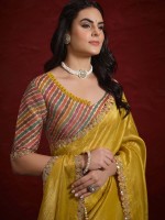 Yellow Crush Paper Silk Saree With Stitched Blouse