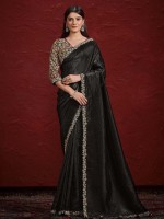 Black Crush Paper Silk Saree With Stitched Blouse