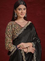 Black Crush Paper Silk Saree With Stitched Blouse