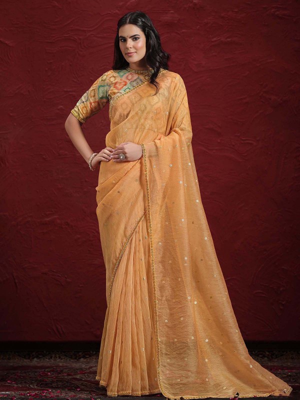 Light Orange Two Tone Tussar Silk Saree With Stitched Blouse