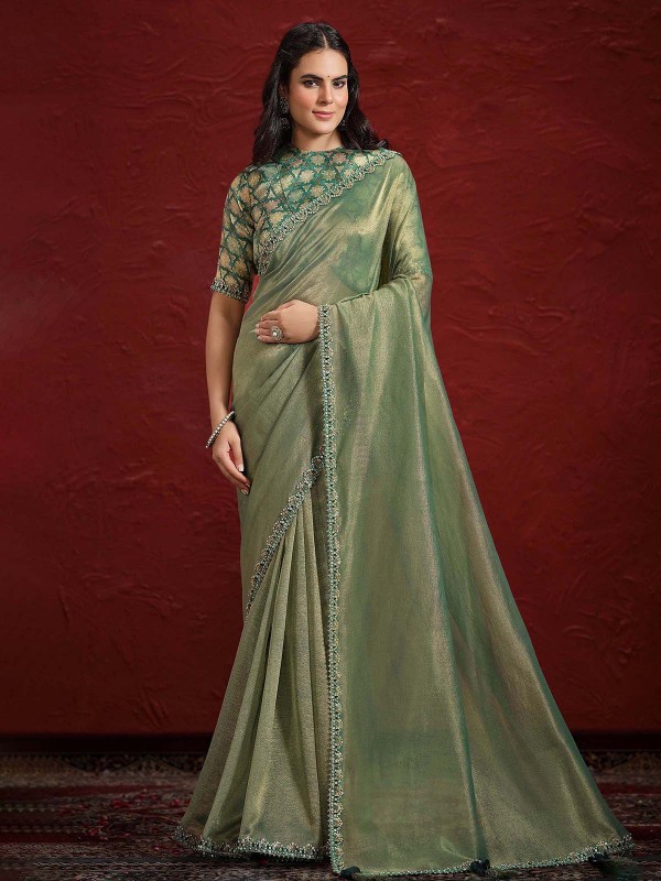 Dusty Green Pure Banarasi Saree With Stitched Blouse