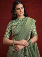 Dusty Green Pure Banarasi Saree With Stitched Blouse