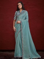 Sky Blue Crush Paper Silk Saree With Stitched Blouse