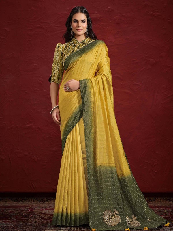 Yellow And Green Upada Silk Crinkle Saree With Stitched Blouse