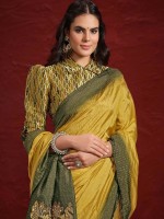 Yellow And Green Upada Silk Crinkle Saree With Stitched Blouse