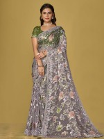 Slate Blue Soft Organza Brasso Saree