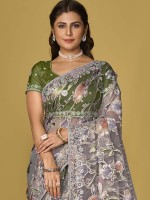 Slate Blue Soft Organza Brasso Saree