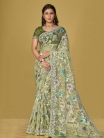 Yellow Green Soft Organza Brasso Saree