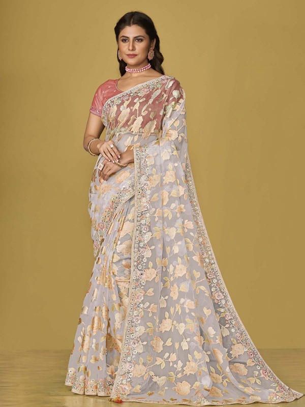 Off White Soft Organza Brasso Saree