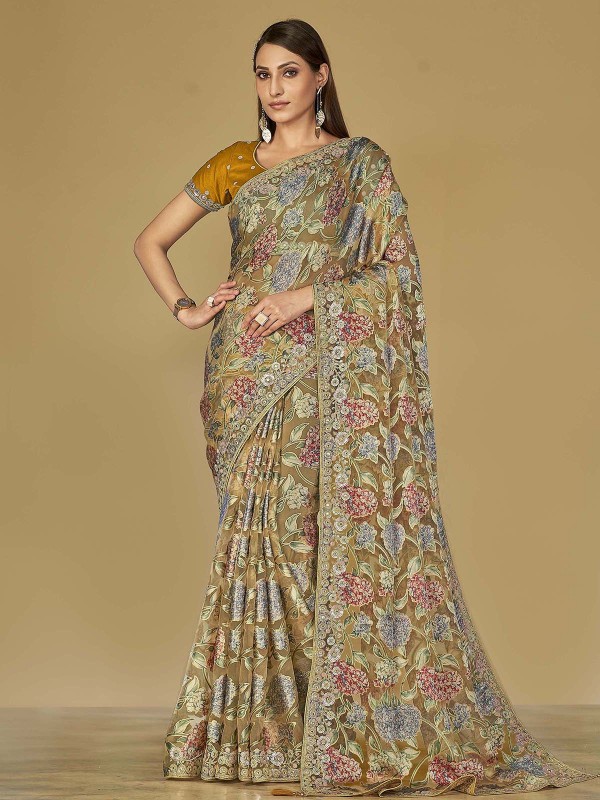 Dusty Mustard Soft Organza Brasso Saree