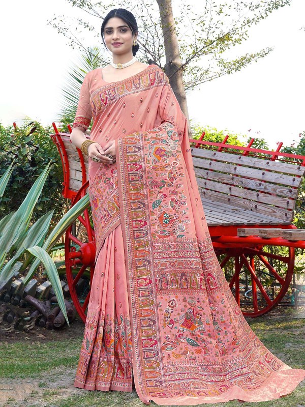 Peachy Pink Soft Pure Silk Pashmina Saree