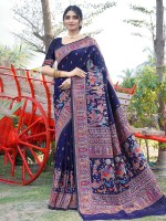 Navy Blue Soft Pure Silk Pashmina Saree