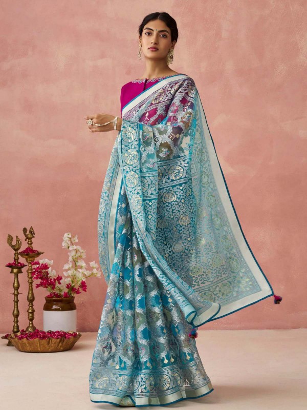 Sky Blue Soft Brasso Organza Saree