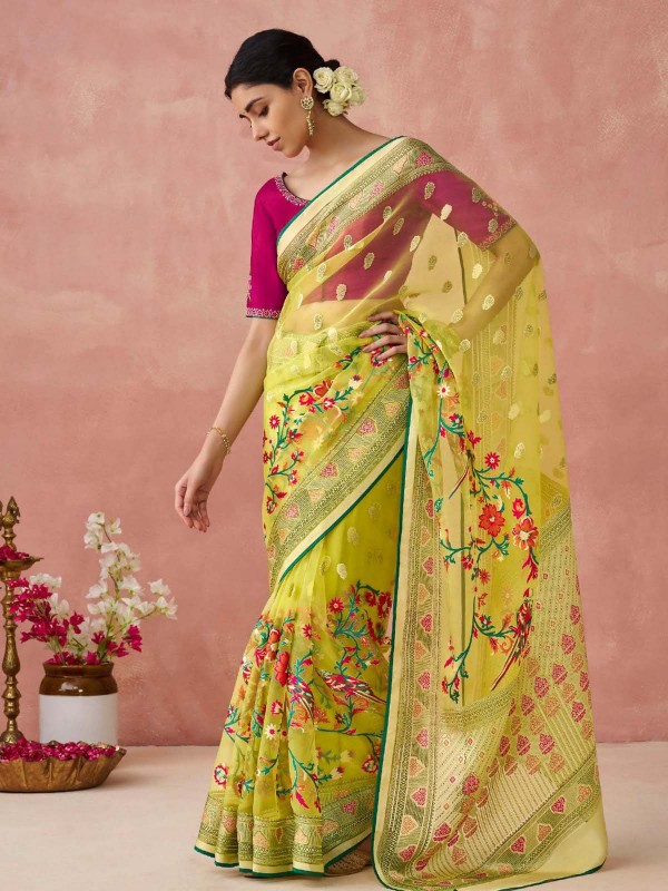 Lime Yellow Soft Brasso Organza Saree