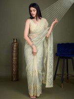 Light Grey Shimmer Net Gold Infused Festive Saree