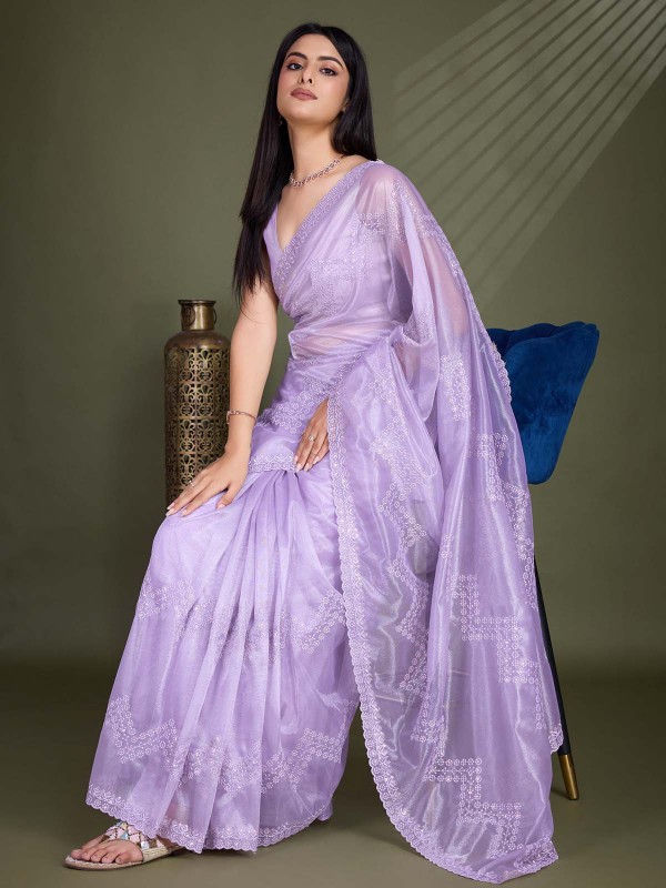 Light Violet Shimmer Net Gold Infused Festive Saree