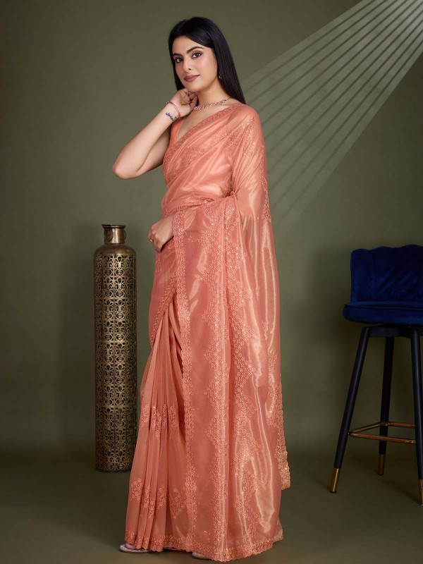 Peach Shimmer Net Gold Infused Festive Saree