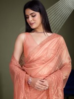 Peach Shimmer Net Gold Infused Festive Saree