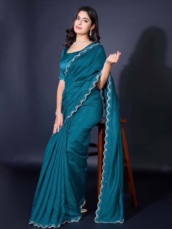 Peacock Blue Khadi Simmer Festive Saree