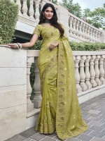 Pastel Yellow Pure Tissue Silk Festive Wear Saree