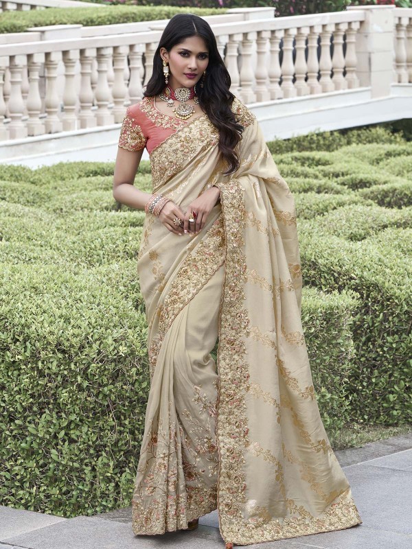 Cream Pure Tissue Silk Festive Wear Saree