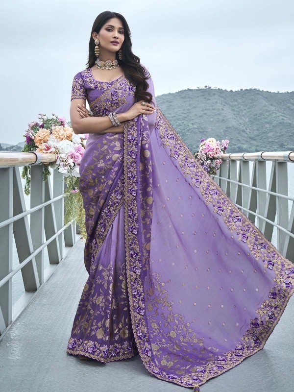 Lavender Pure Tissue Silk Festive Wear Saree