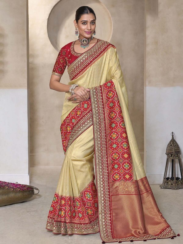 Cream Pure Kanjivaram Silk Festive Wear Saree