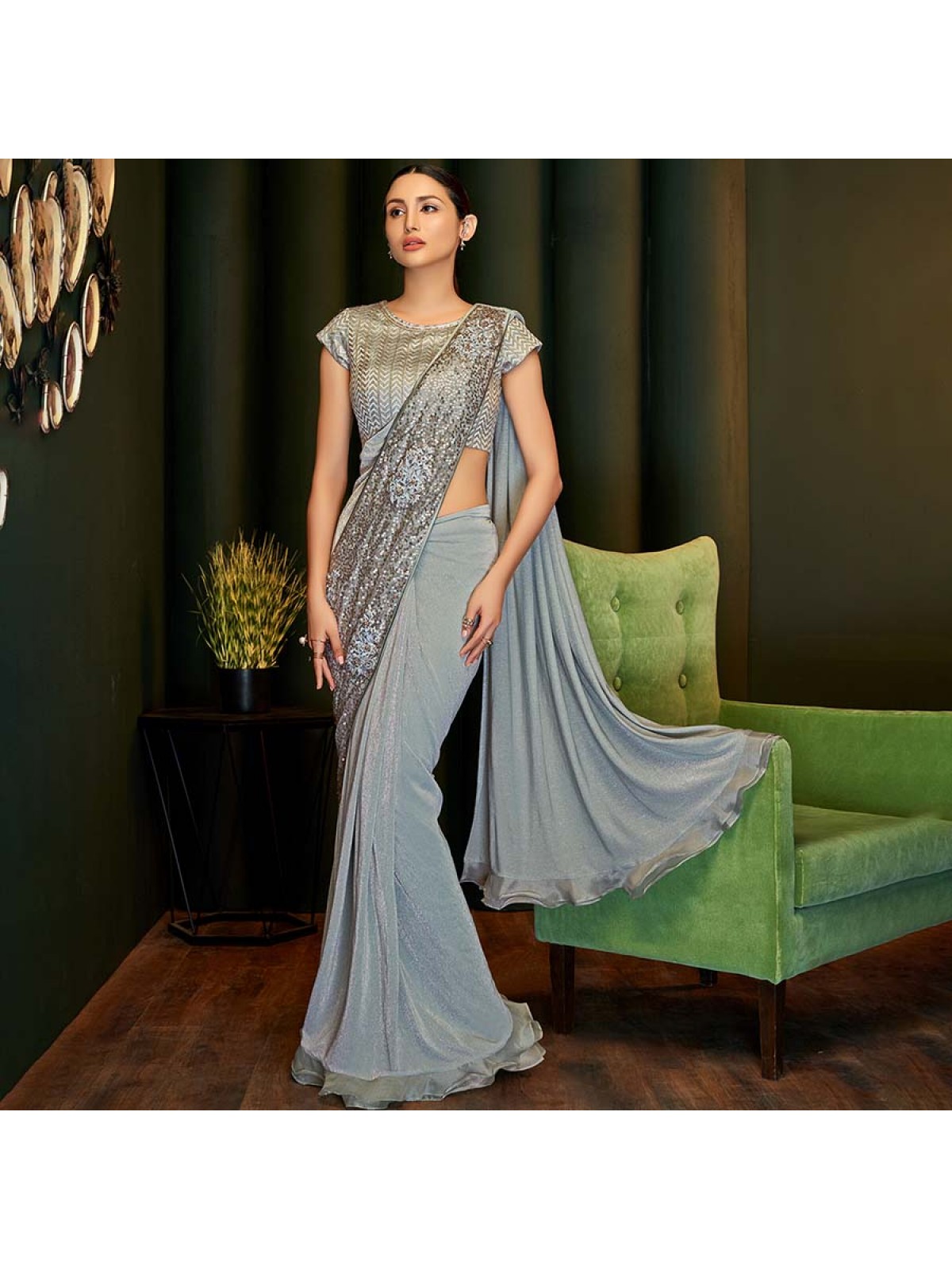 Party Wear, Reception, Traditional, Wedding Black and Grey color Silk  fabric Readymade Saree : 1924353